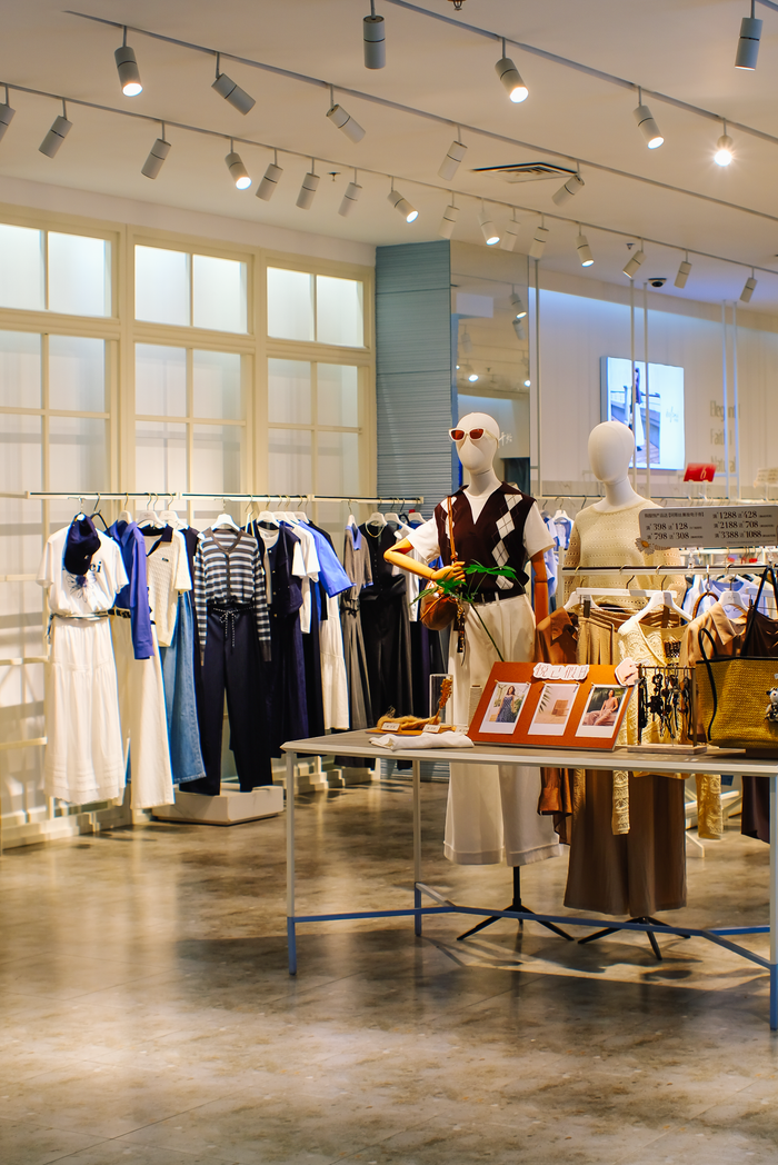 Offerings Contemporary fashion store showcasing trendy clothing and accessories on mannequins.